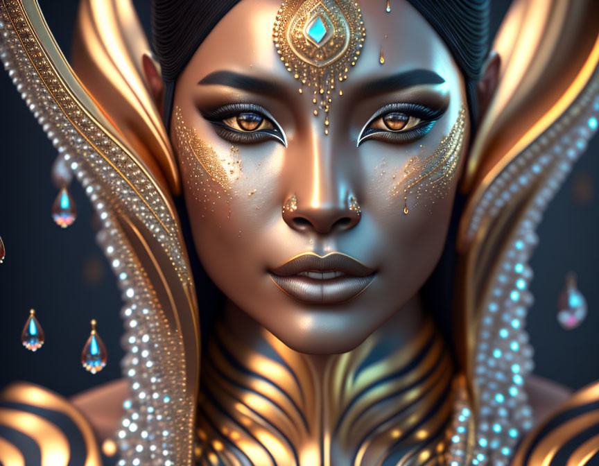 Golden woman with elaborate jewelry and facial markings in serene close-up