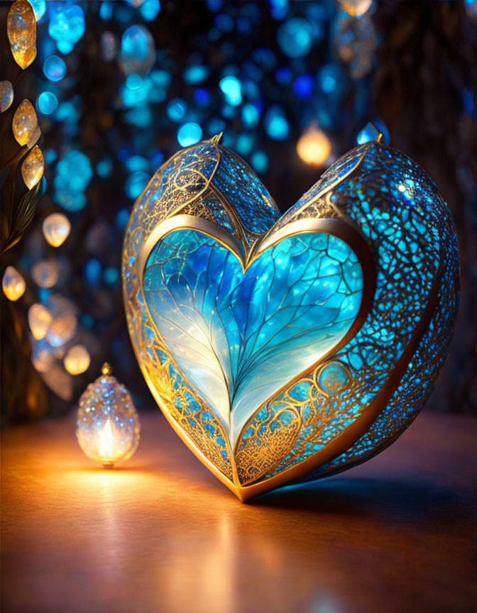 Golden filigree heart-shaped ornament on bokeh light background