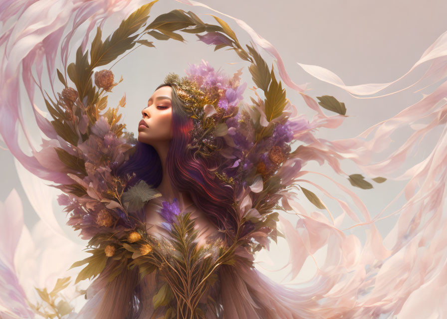 Portrait of woman with purple hair, floral wreath, feathers, pastel background
