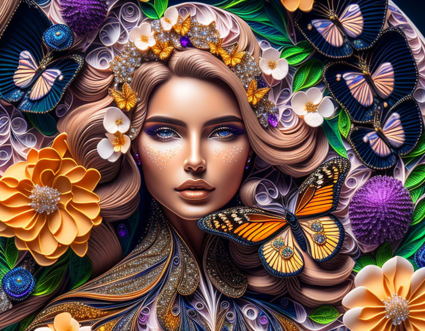 Vibrant digital artwork of woman with crown, flowers, butterflies