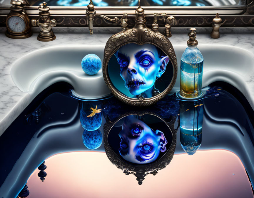 Blue skull reflected in vintage mirror with floating orbs and vial - surreal scene