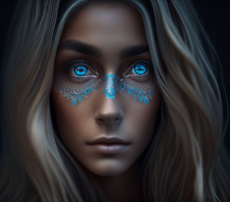 Portrait of Woman with Striking Blue Eyes and Intricate Face Paint