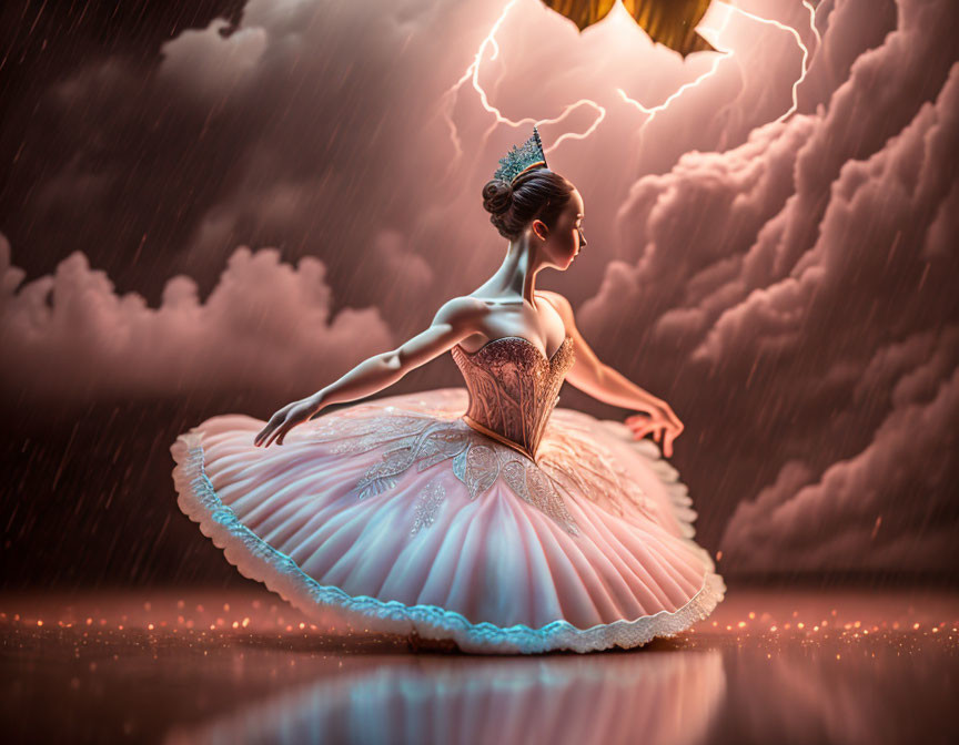 Ballerina mid-twirl in dramatic lightning storm