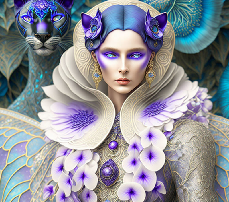 Fantastical female figure with lilac hair and blue skin, adorned in peacock-themed regalia