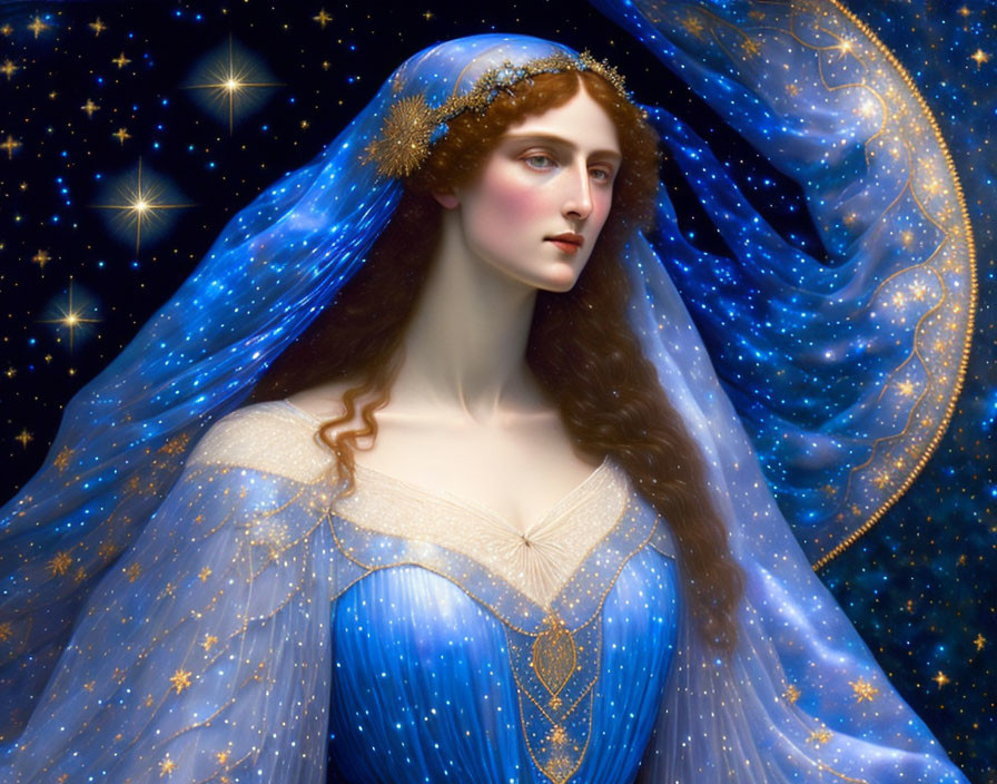 Ethereal woman in starry blue gown against cosmic backdrop