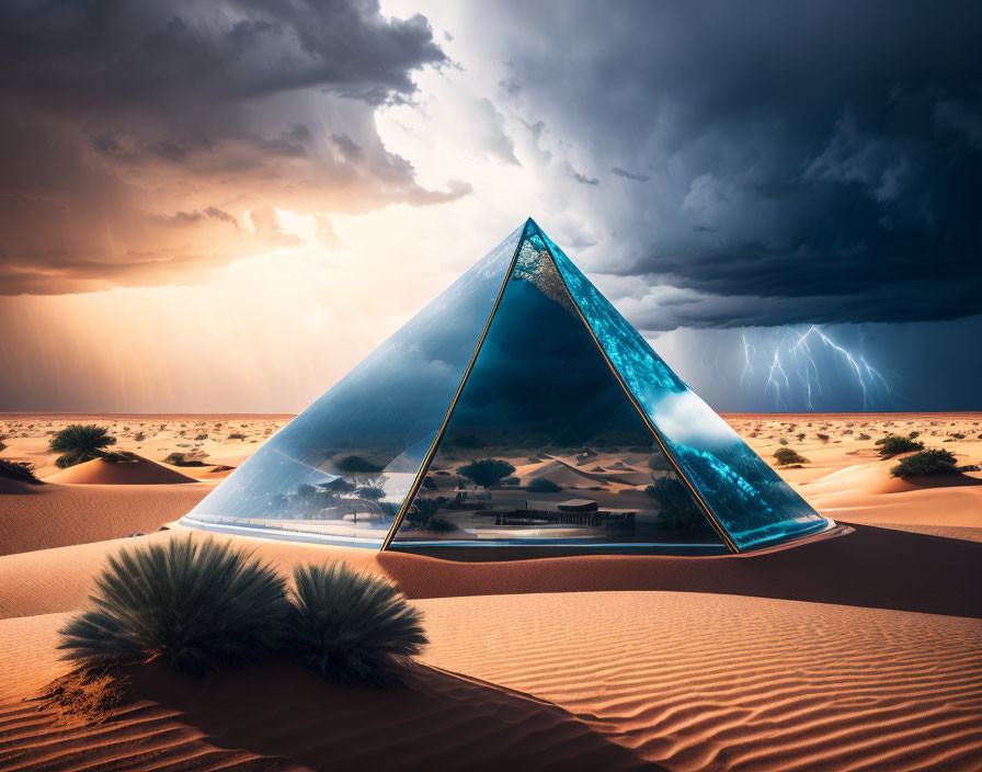 Futuristic glass pyramid in desert with storm clouds and lightning