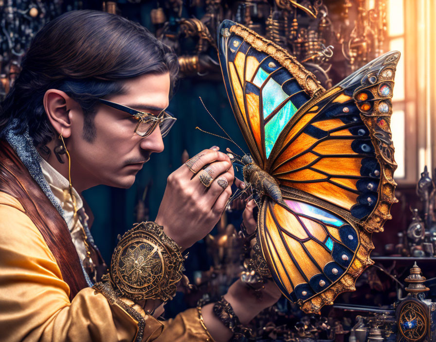 Long-haired person with glasses studies mechanical butterfly in steampunk scene