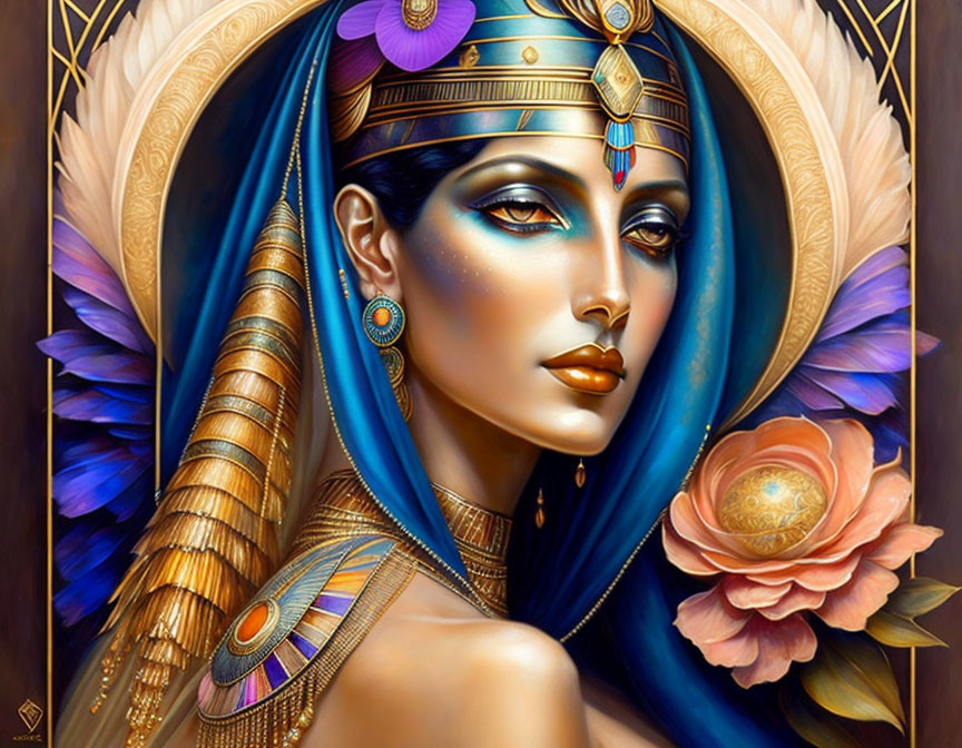 Vibrant Egyptian queen artwork with gold jewelry and wing motifs