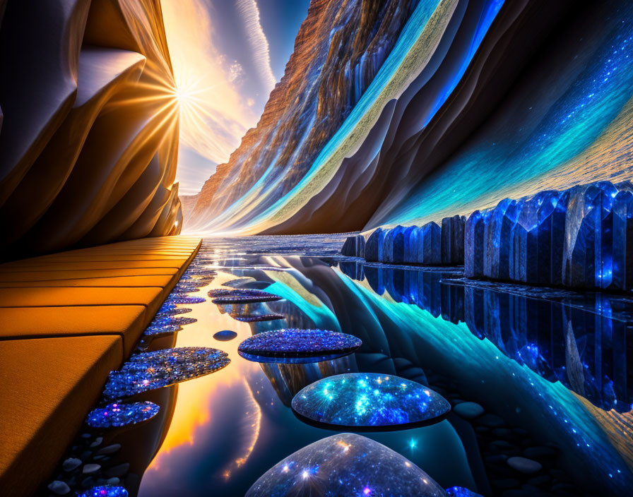 Vibrant blue and orange canyon with sparkling spheres under a brilliant sky