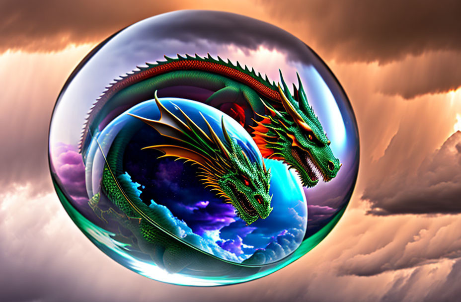 Vibrant dragons in translucent sphere under orange sky