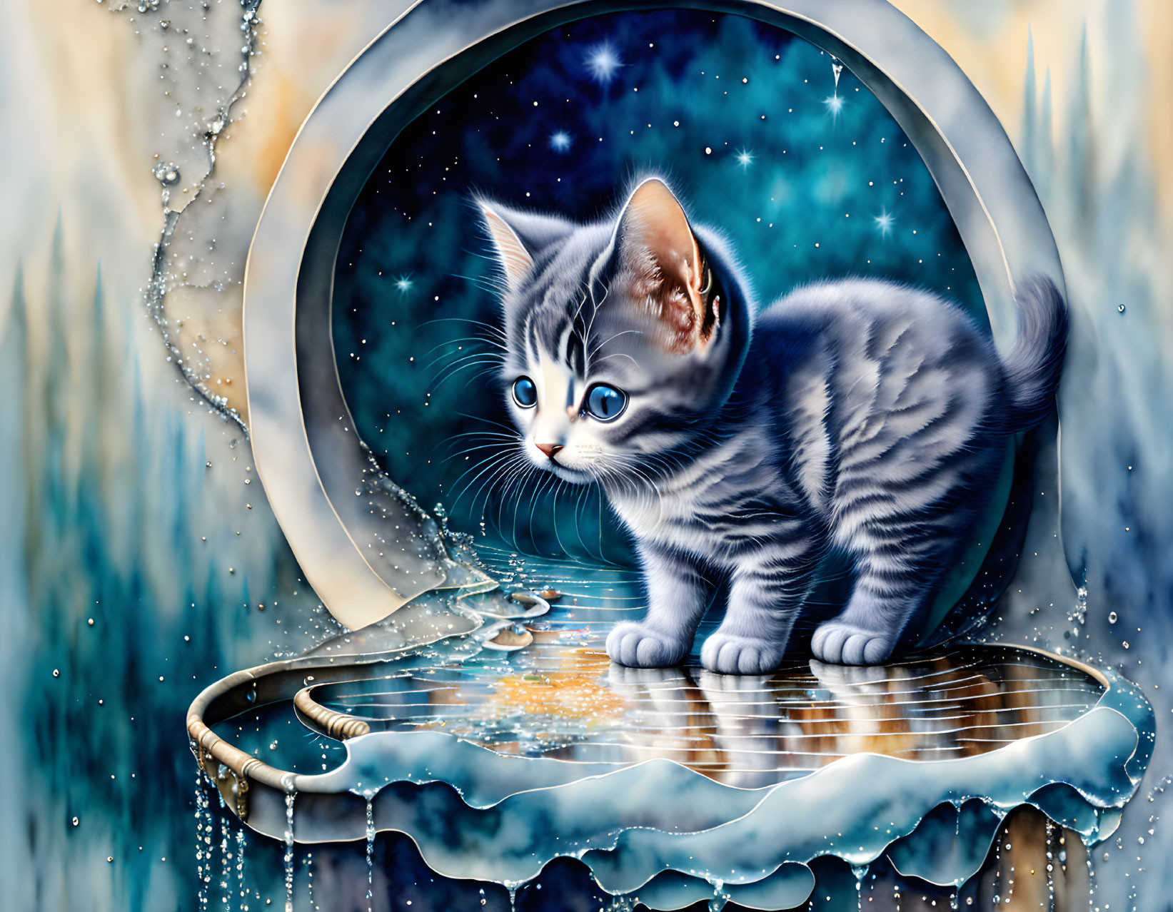 Gray kitten exploring surreal starry portal with reflective water surface