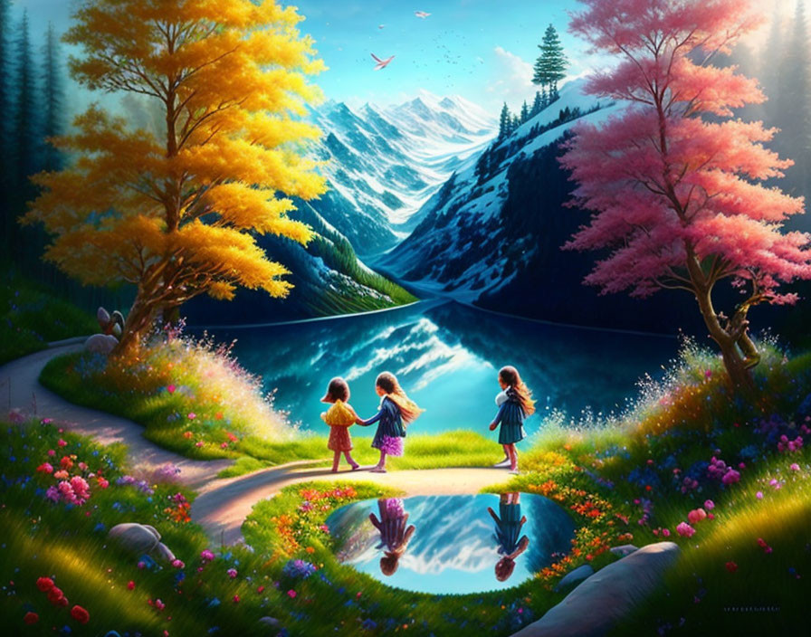 Children by reflective lake with colorful trees and mountains in the background.