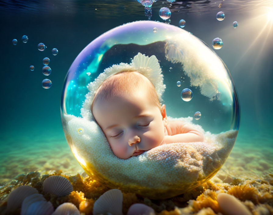 Sleeping baby inside transparent ocean bubble surrounded by shells and sunlight.