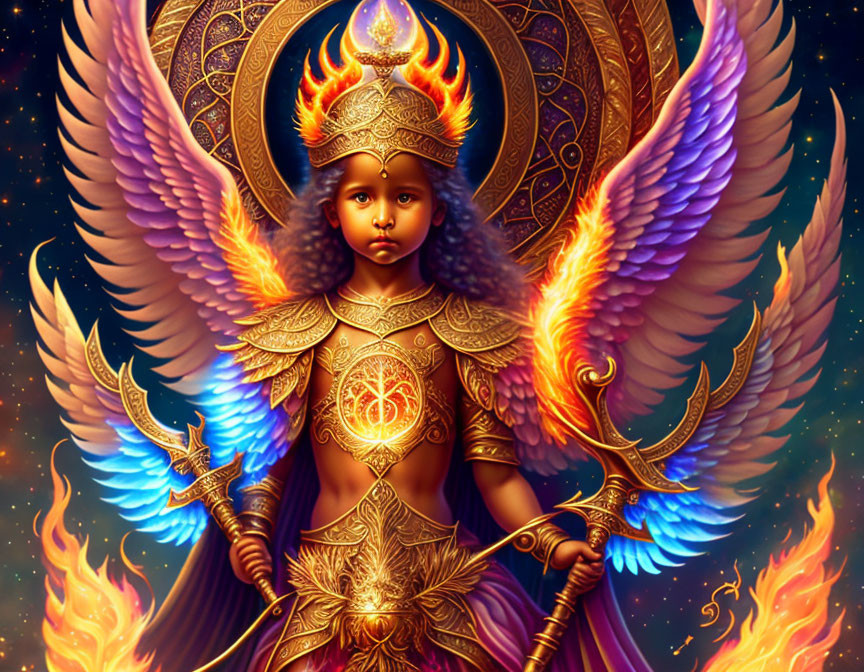 Majestic winged character in golden armor with sword and mystical energy