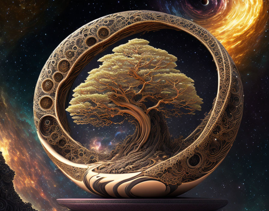 Ornate ring encircling majestic tree in cosmic setting