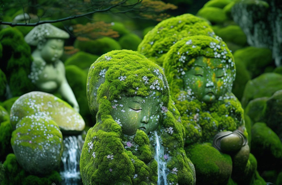 Serene garden with moss-covered stone statues and flowing water