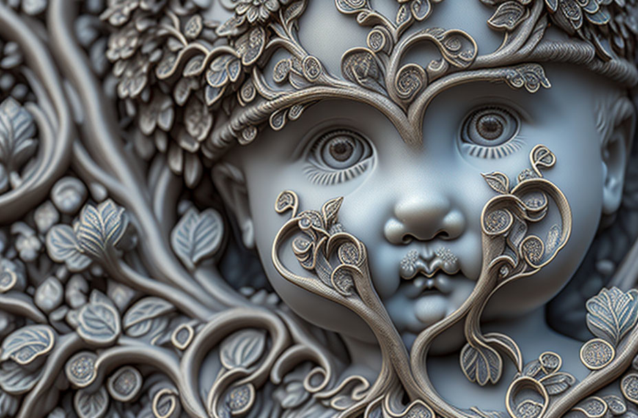 Detailed Child's Face Sculpture with Ornate Foliage Patterns