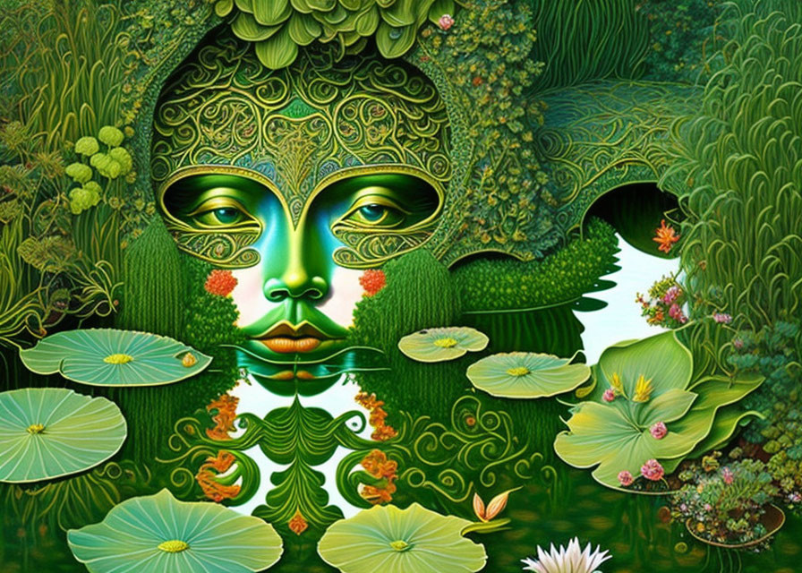 Surreal female face merging with lush green landscape and water lilies