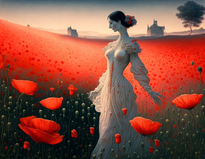 Woman in white dress walks through field of red poppies with distant castles under sunset sky