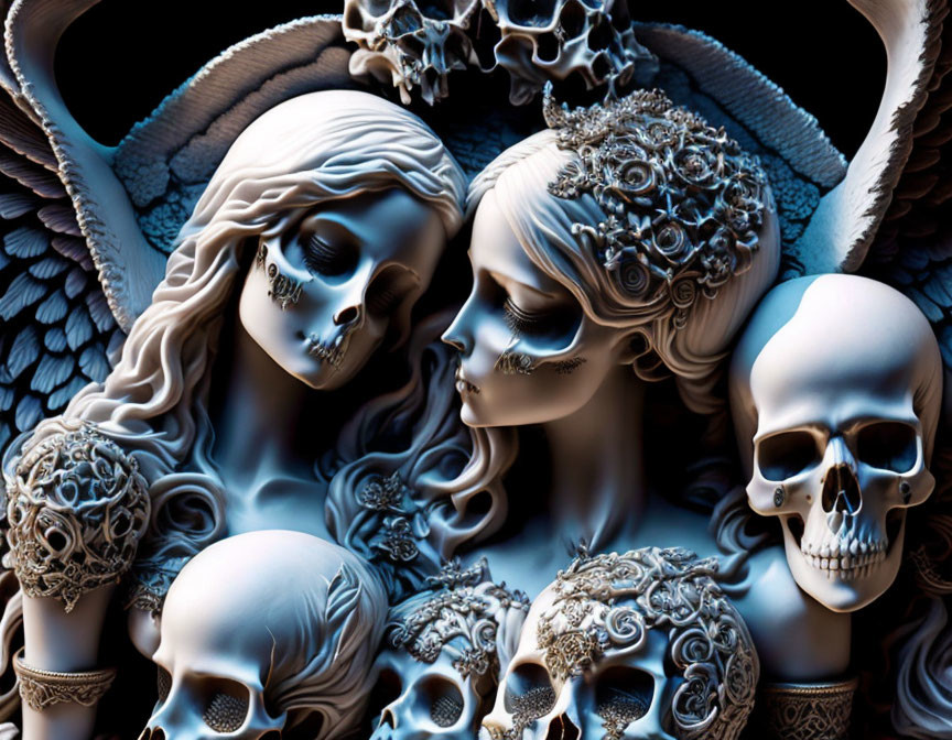 Detailed digital artwork: skeletal figures with elaborate designs on dark, moody backdrop.