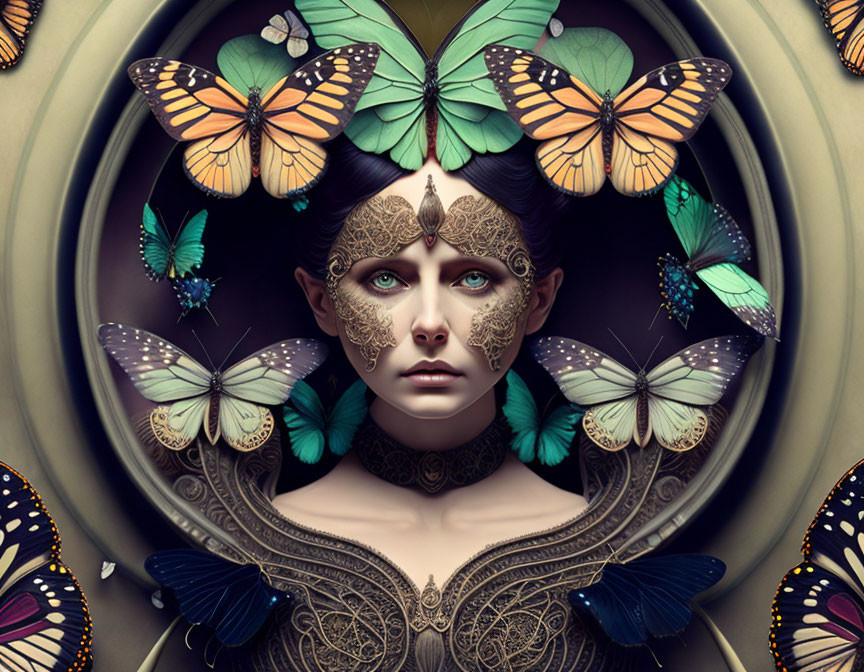 Woman with intricate facial patterns and butterflies on dark circular background