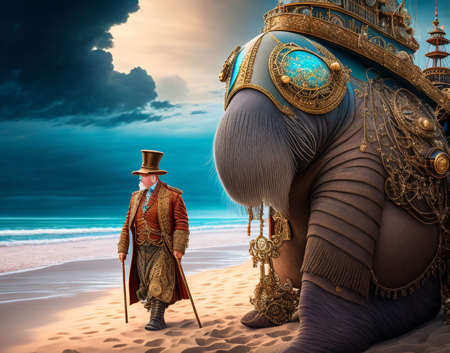 Man in red coat next to embellished elephant on beach with castle under dramatic sky