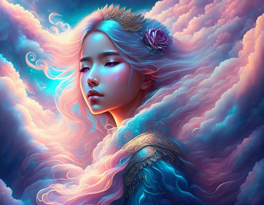 Ethereal artwork of woman with serene expression against vibrant sky