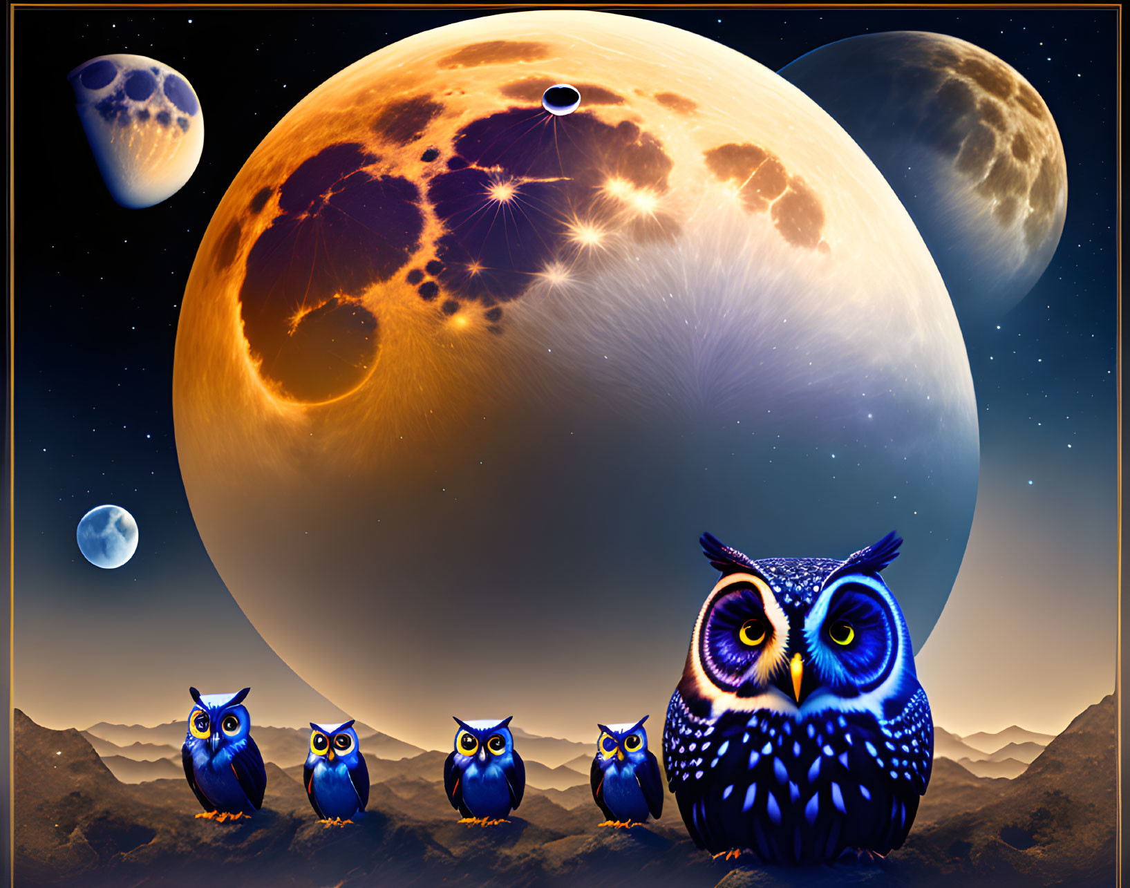 Colorful Owl Artwork with Celestial Backdrop