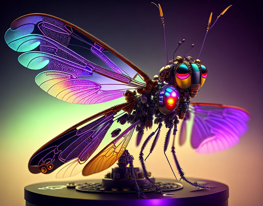 Mechanical insect digital artwork with vivid wings on gradient background