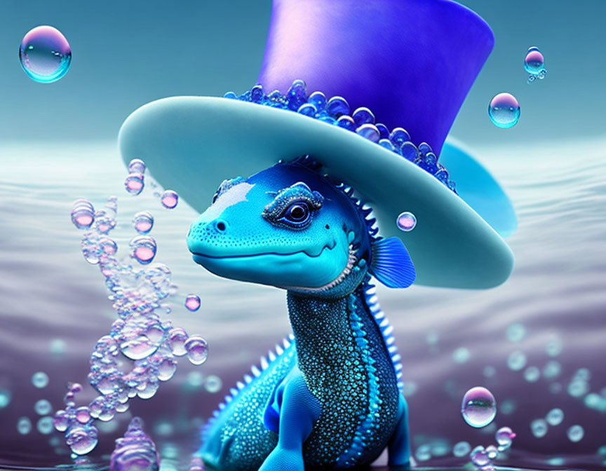 Blue lizard in purple top hat surrounded by water bubbles underwater