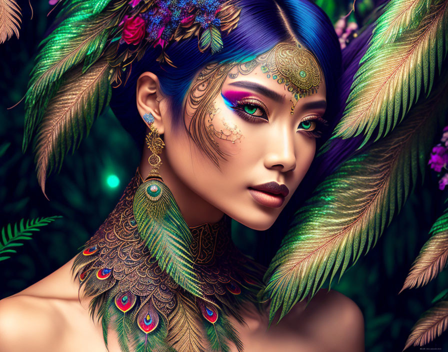 Digital artwork: Woman with peacock feathers, vibrant makeup, lush green background