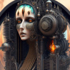 Futuristic woman merged with complex machine against fiery backdrop