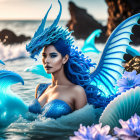 Mermaid and Blue Dragon Among Sea Flowers and Waves