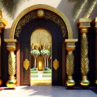 Ornate Arched Doorway with Gold Columns and Palm Trees