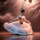 Ballerina mid-twirl in dramatic lightning storm