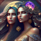 Ethereal women with celestial hair in moonlit forest