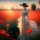 Woman in white dress walks through field of red poppies with distant castles under sunset sky