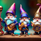 Colorful garden gnomes as musicians with staff, guitar, and mandolin against natural background