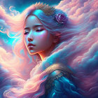 Vibrant digital artwork: young girl with blue hair and flowers, colorful sky