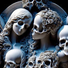 Detailed digital artwork: skeletal figures with elaborate designs on dark, moody backdrop.