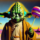 Surreal painting: Yoda-like character with lollipop in alien desert landscape