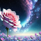 Pink Rose and Cosmic Sky with Stars and Nebulae