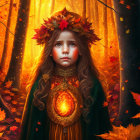 Digital artwork: Young girl in autumnal attire with glowing amulet in magical forest