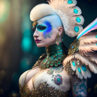 Profile view of person with elaborate feather headdress and blue facial makeup