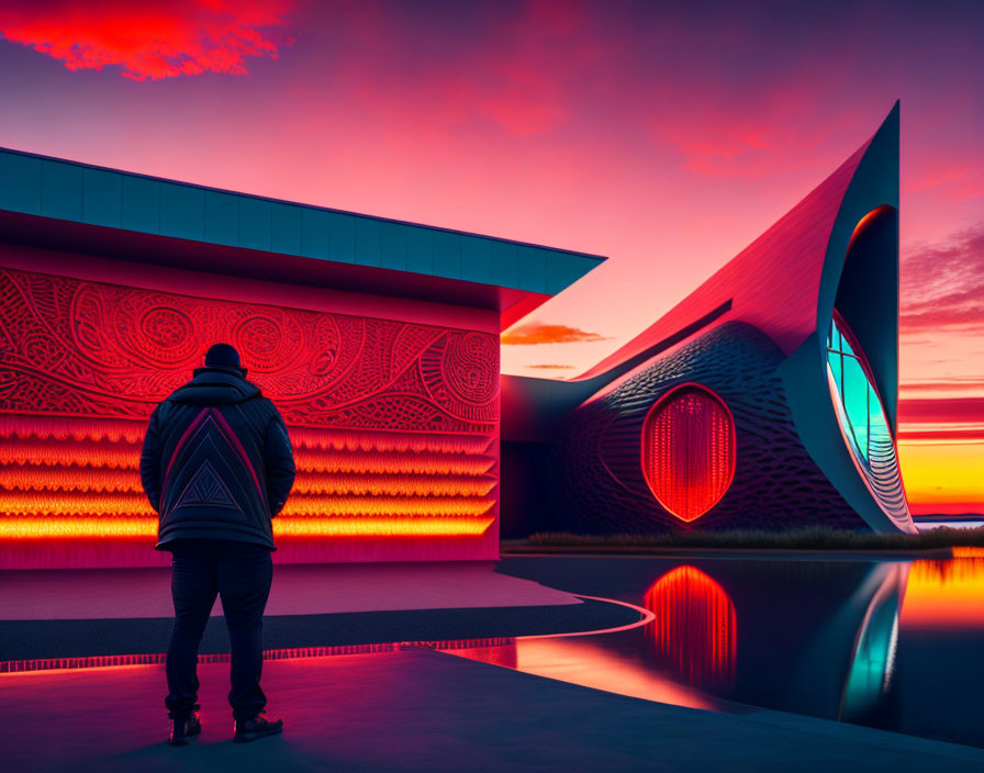 Person standing before futuristic building at sunset with vibrant sky and water reflections