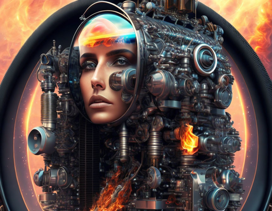 Futuristic woman merged with complex machine against fiery backdrop