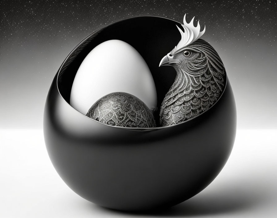 Three Nested Spheres: Black and White, Intricate Patterns, Stylized Hen