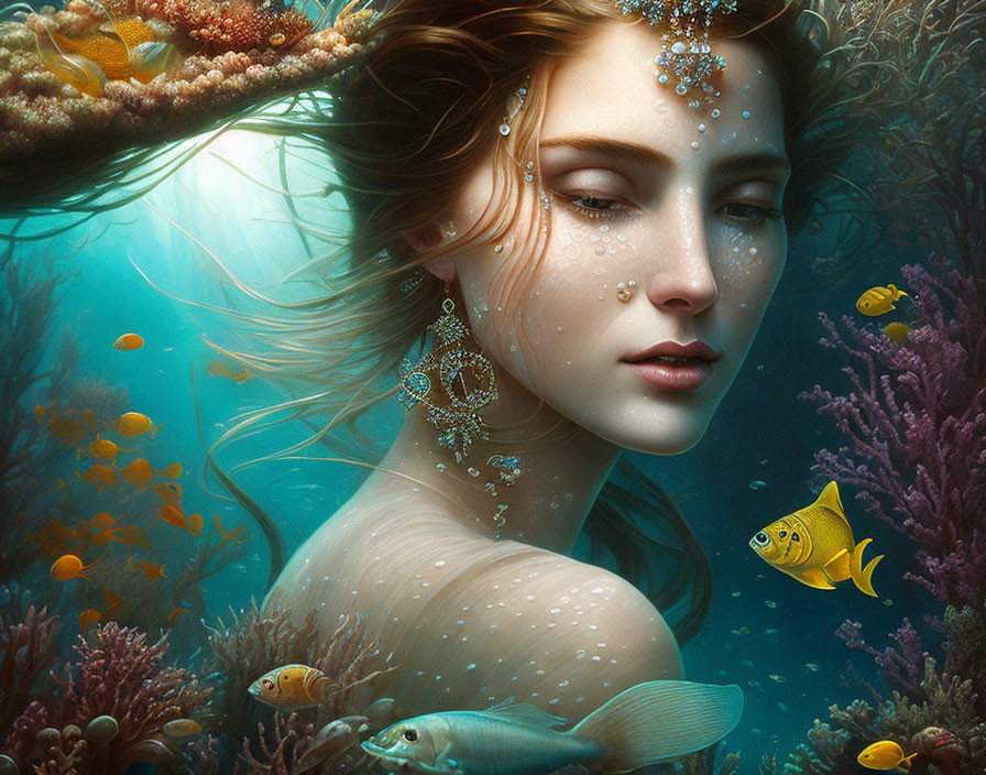 Underwater portrait of a woman with coral, fish, and bubbles