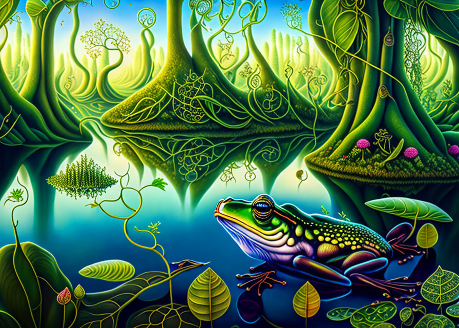 Colorful frog in surreal landscape with lush greenery and reflective water