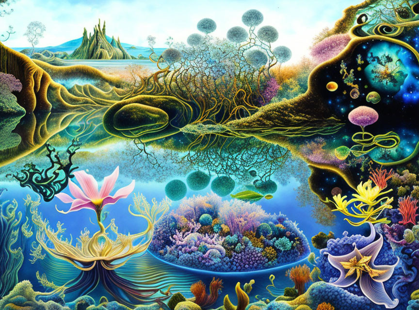 Surreal landscape blending oceanic and cosmic scenes with coral reefs, celestial bodies, and diverse flora